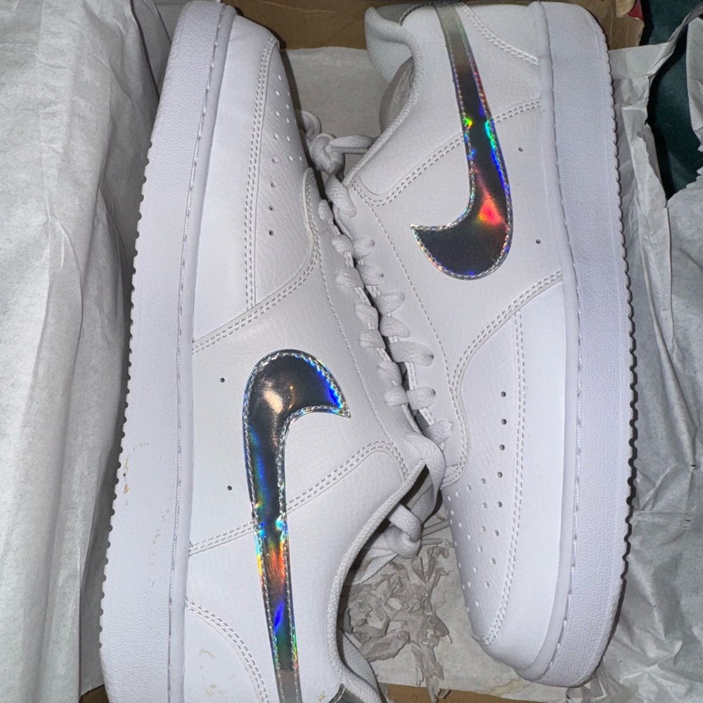 White Sneakers with Holographic Swoosh